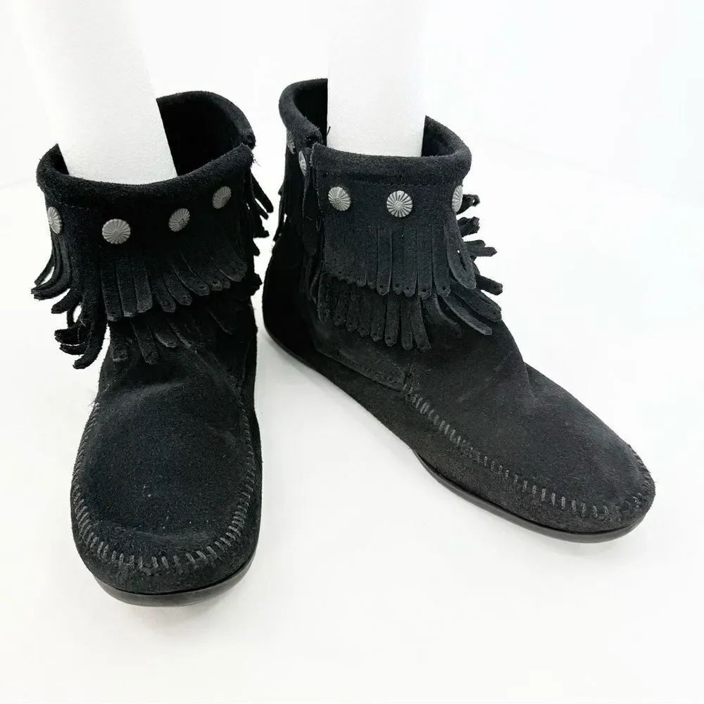 Minnetonka Black Suede Leather Double Fringe Silver Stud Ankle Moccasin Shoes